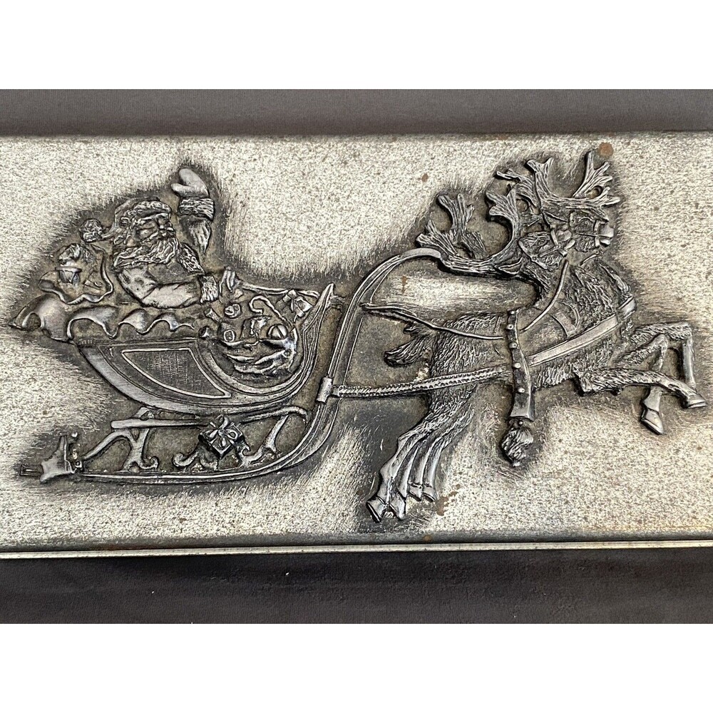 Vintage Metzke Pewter Christmas Waving Santa Tin Sleigh Reindeer Bells Candy Box